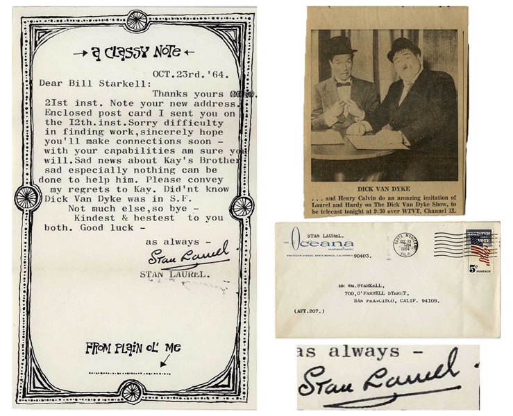 Stan Laurel Letter Signed From 1964 With His Full Signature ''Stan Laurel''